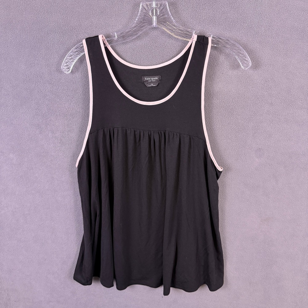 Kate Spade Tank Top Women Large Black Pink Trim Sleeveless Babydoll Scoop Neck